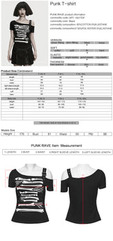 OPT-1001TDF Skeleton Print Cold Shoulder Punk T-Shirts with Buckle Strap